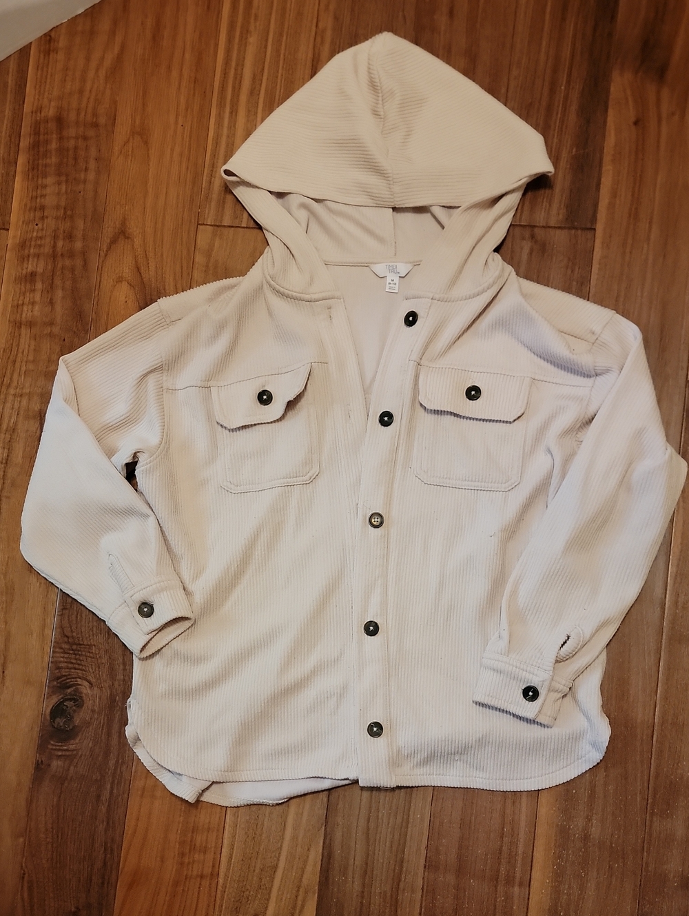 Time and Tru Cream Ribbed Hooded Button-Up Jacket